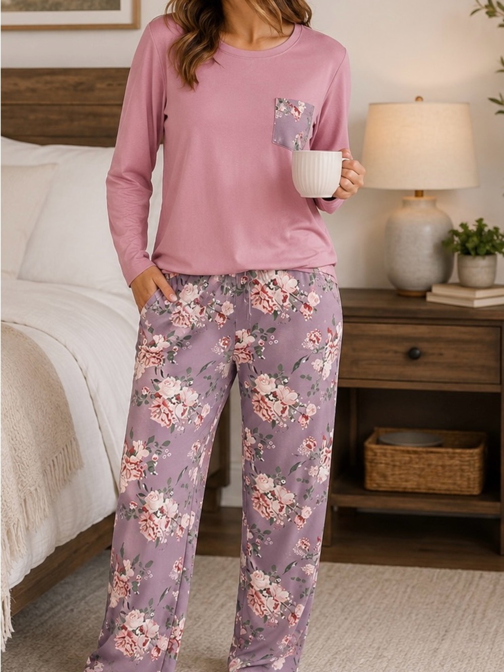 Women's Floral Dusty Rose 2-Piece Pajama Set-Long Sleeve Pocket Top/Flared Pants